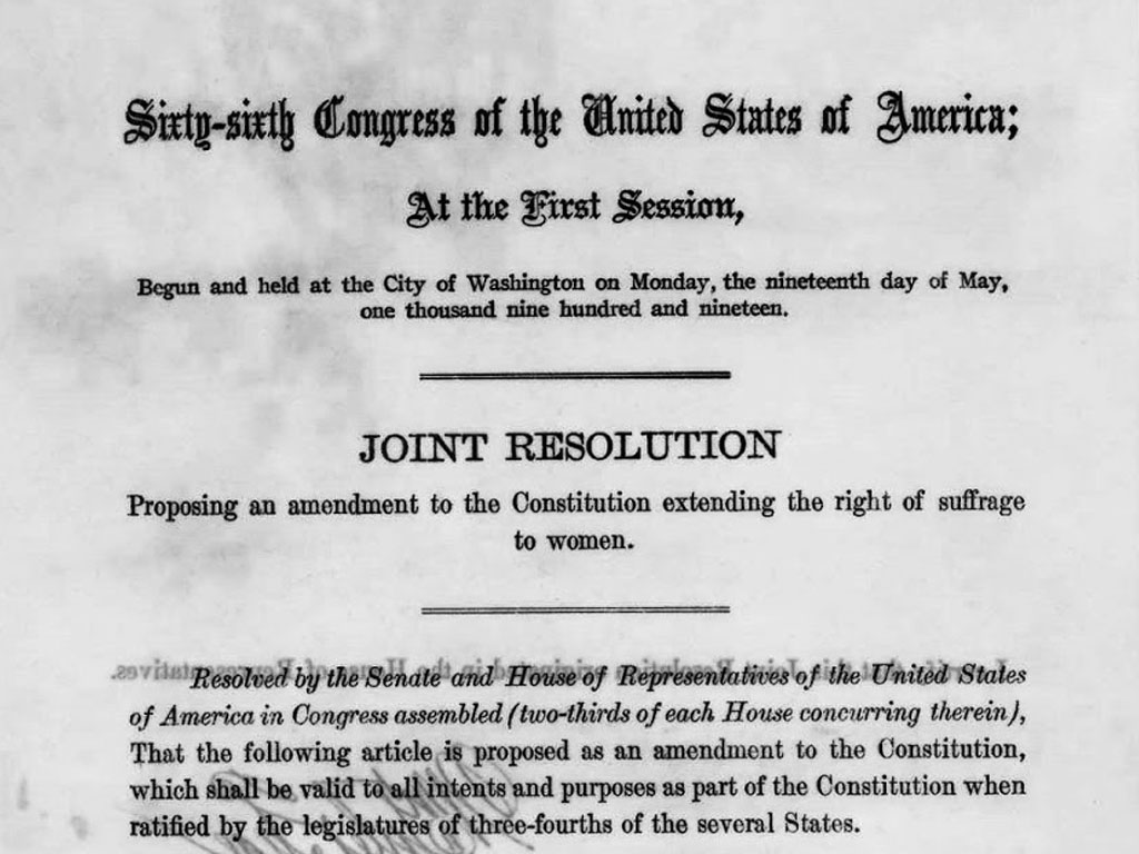 The Nineteenth Amendment to the Constitution Passes Both Houses of Congress